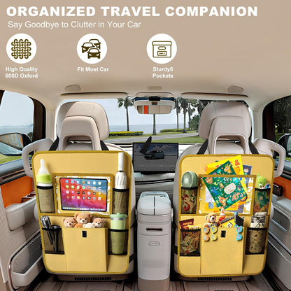 Car Backseat Organizer with Tablet Holder, 6 Storage Pockets Seat Back Protectors Kick Mats for Kids, Car Seat Protector for Road Trips 2 Pack (Black)