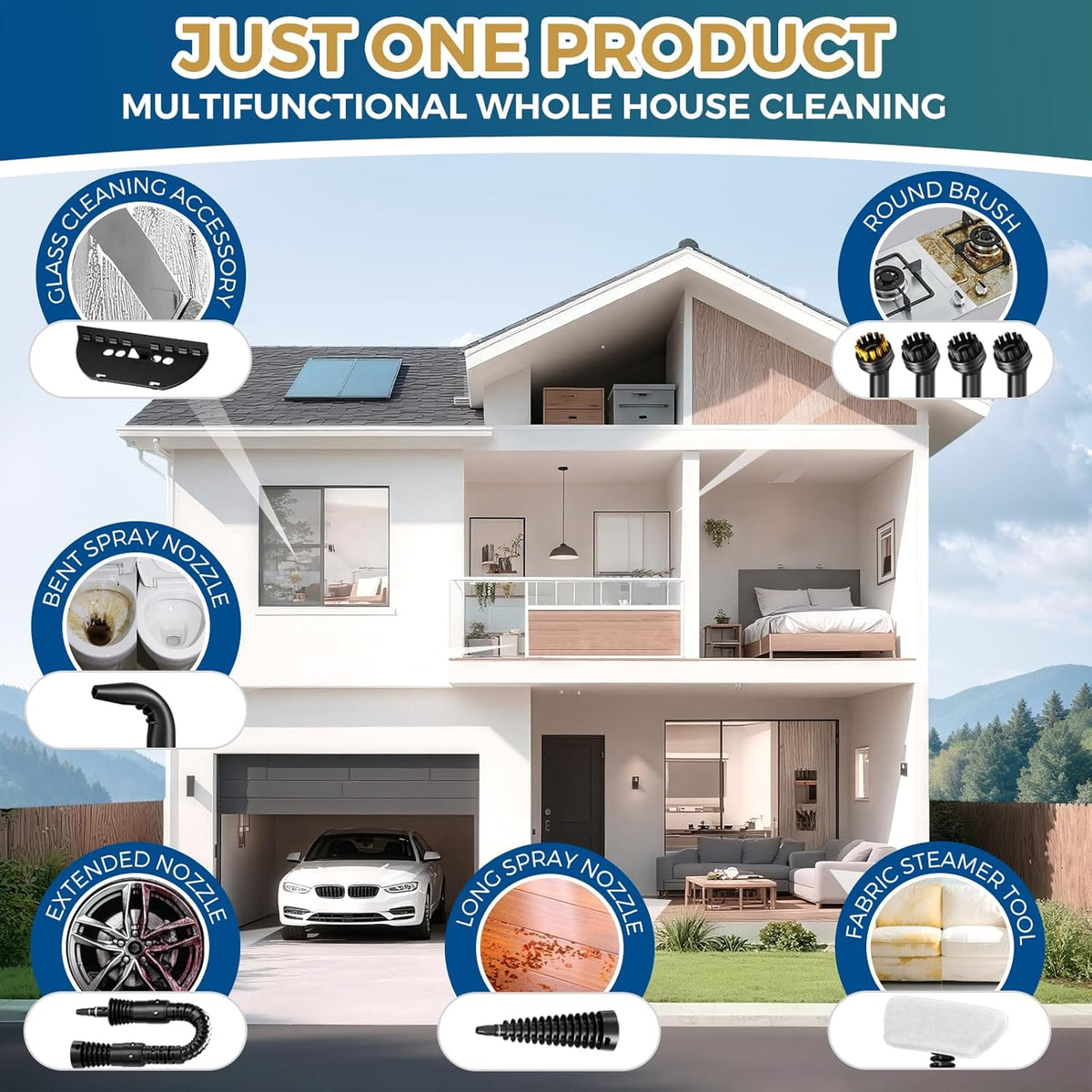 Handheld Steam Cleaner, 230°F Pressurized Steamer with No Water Spitting & Continuous Steam, 350ML Chemical-Free Deep Cleaning for Grease & Grime, 12 Accessories for Grout, Bathroom, Kitchen & Car