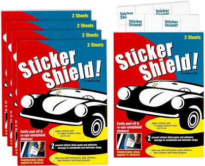 STICKER SHIELD - Windshield Sticker Applicator for Easy Application, Removal and Re-Application from Car to Car - 4 inch x 6 inch Sheets (Pack of 2 Sheets)