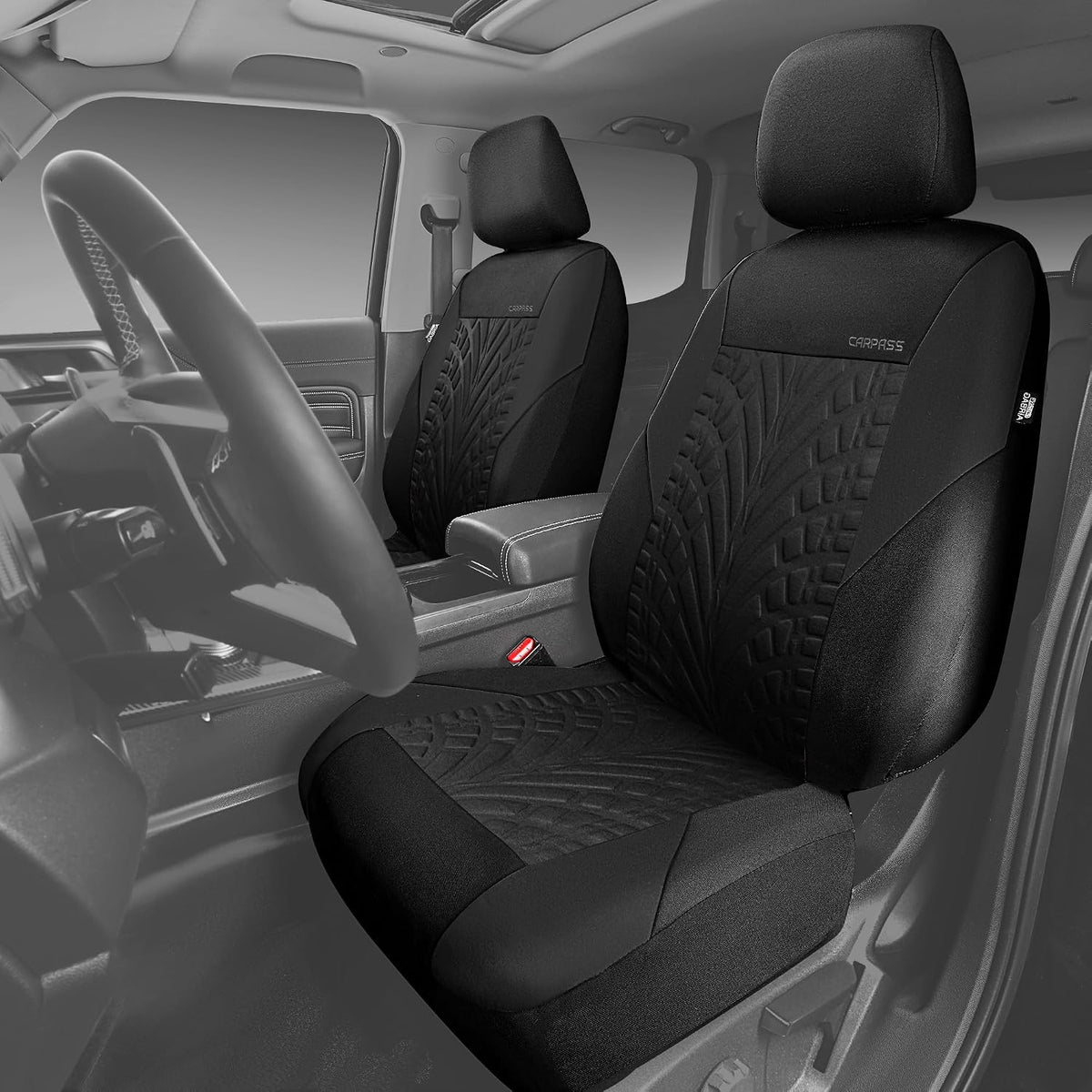CAR PASS Car Seat Covers Full Sets, Front & Split Rear Bench for Car, 3D Tyre Embossed Automotive Interior Covers, Airbag Compatible, Quick Setup Universal Fit Seat Covers for Car, SUV(Charcoal)