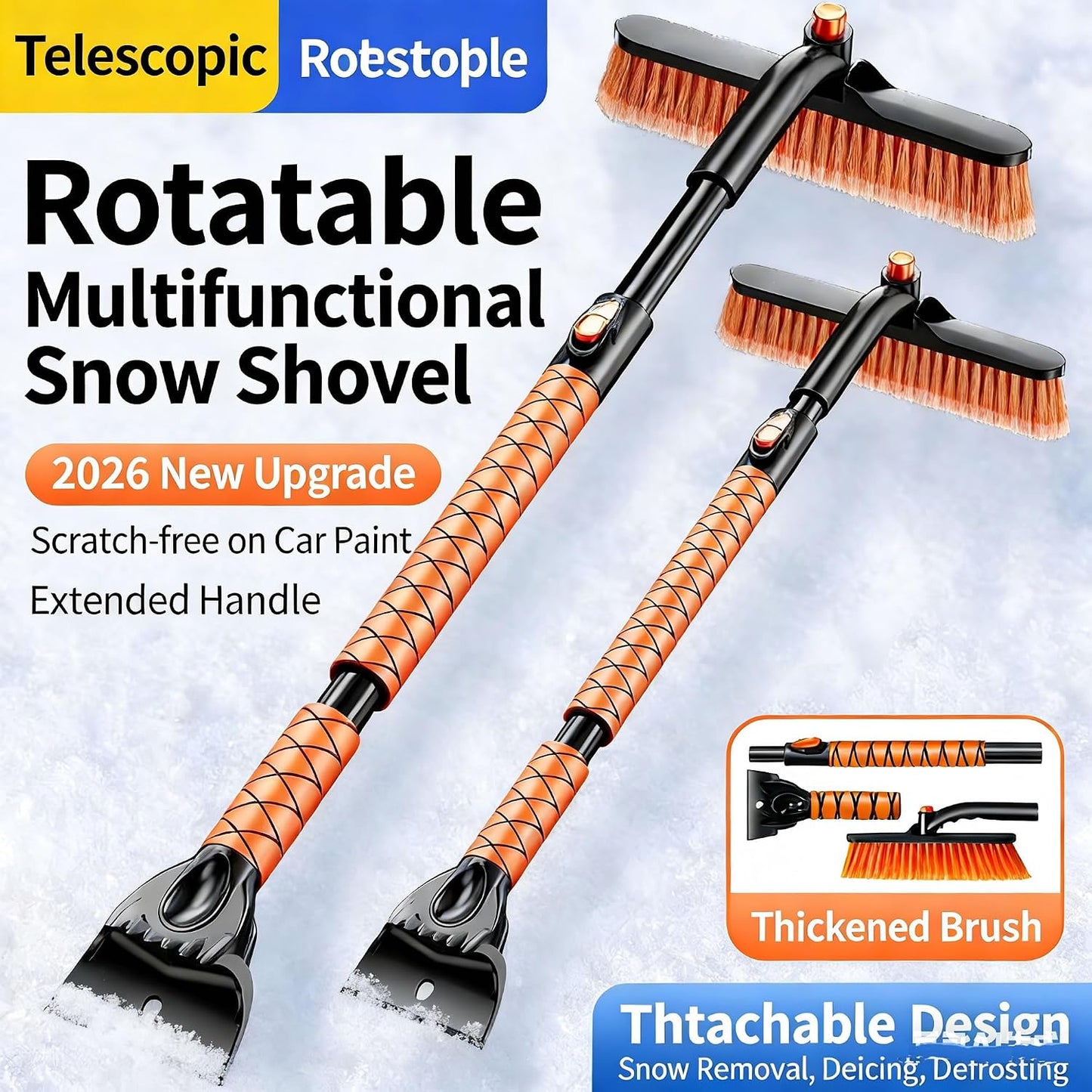39" Extendable Snow Brush with Ice Scraper & Squeegee for Car Windshield,Rotating Auto Snow Brush with Foam Grip,Heavy Duty Car Snow Brush and Ice Scraper Combo for Truck SUV,Orange