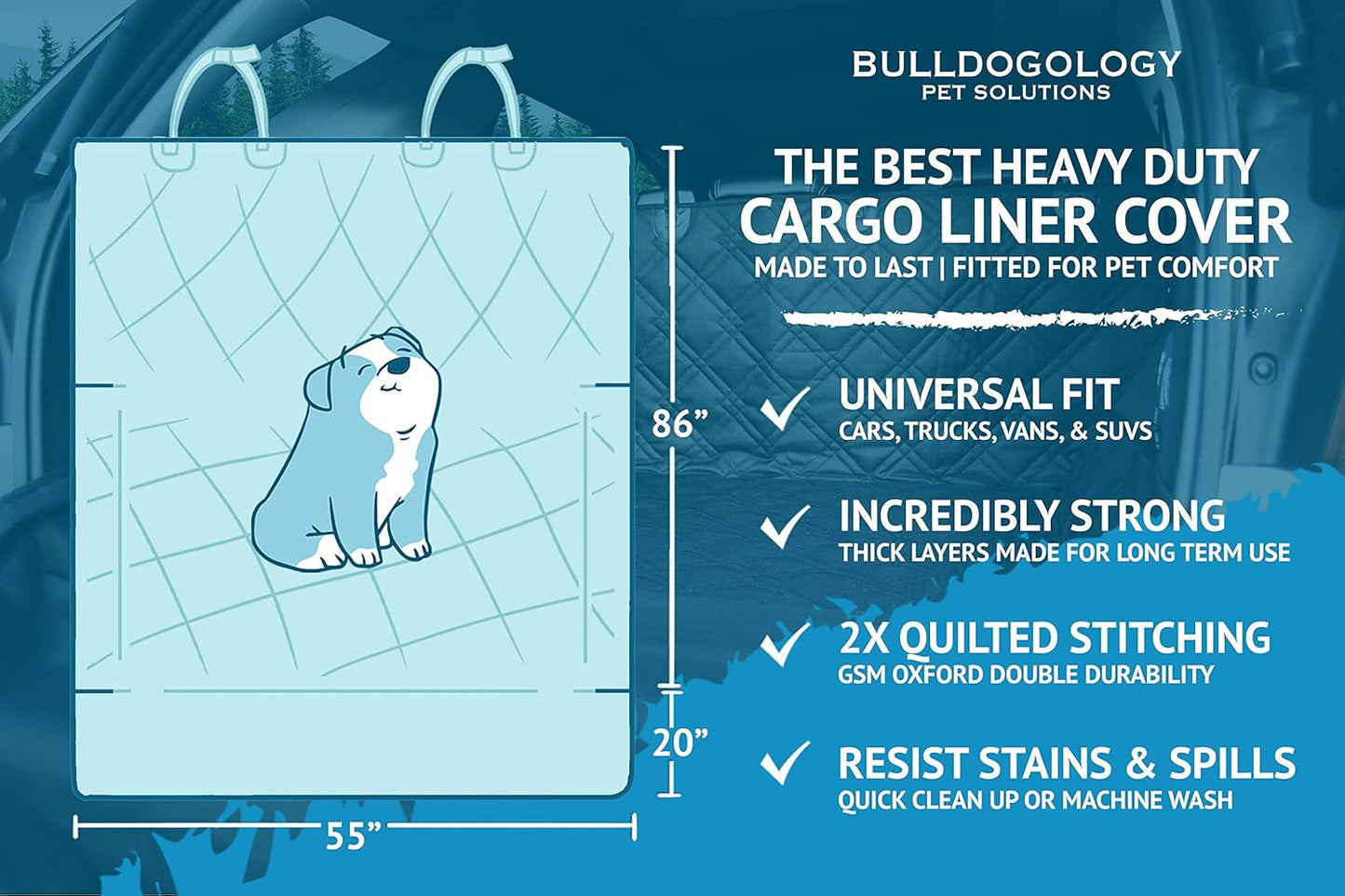 Bulldogology SUV Cargo Liner for Dogs 55"x82" Heavy Duty Pet Trunk Cargo Cover Area - Trunk Cover Car Protector for Dogs Waterproof Nonslip Mat - Dog Cargo Liner SUVs Vans Cars (Large, Black)