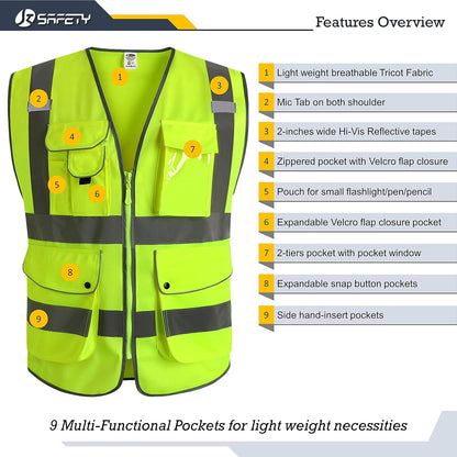 JKSafety 9 Pockets Class 2 High Visibility Zipper Front Safety Vest With Reflective Strips,Meets ANSI/ISEA Standard (Large, 150-Yellow) - Colors A