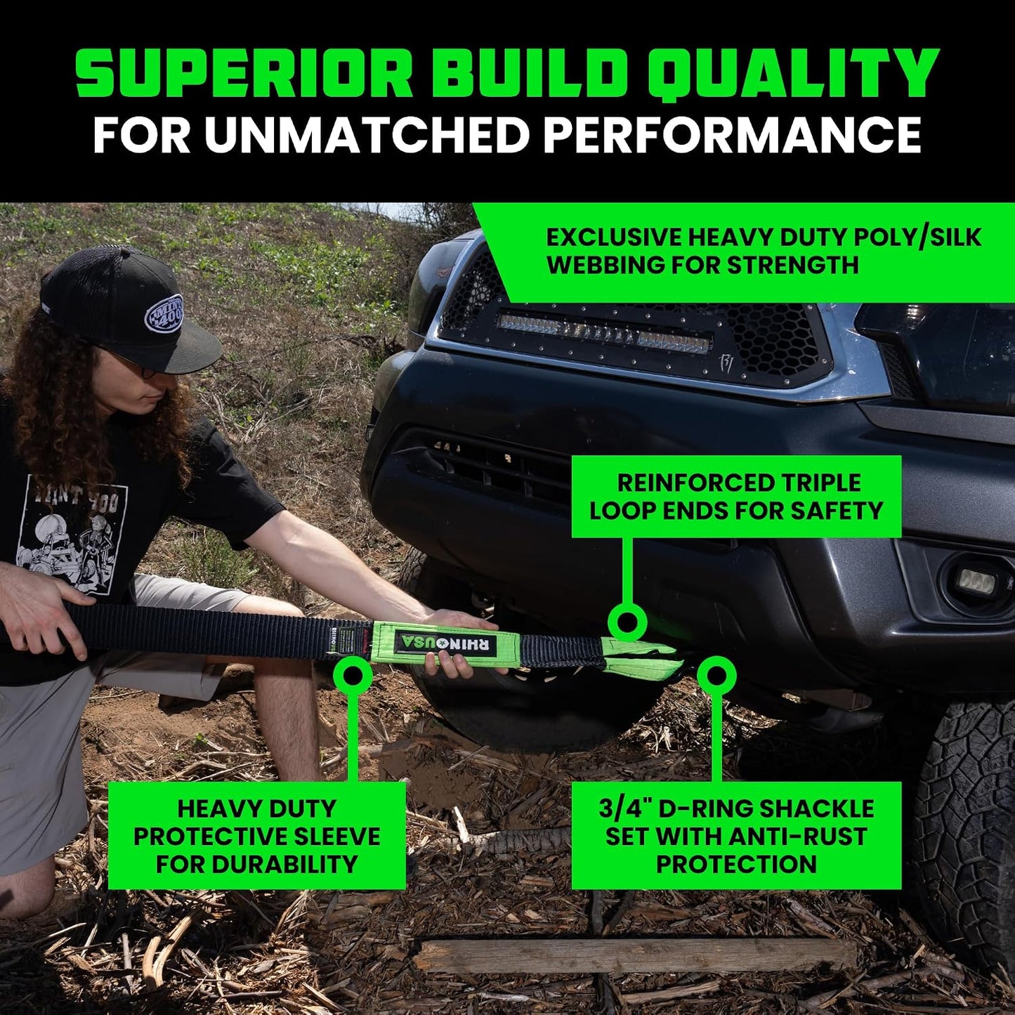 Rhino USA Heavy-Duty Recovery Gear Combos Off-Road Truck Vehicle Recovery, Best Offroad Towing Accessories - Backed for Life (20' Strap + Hitch)