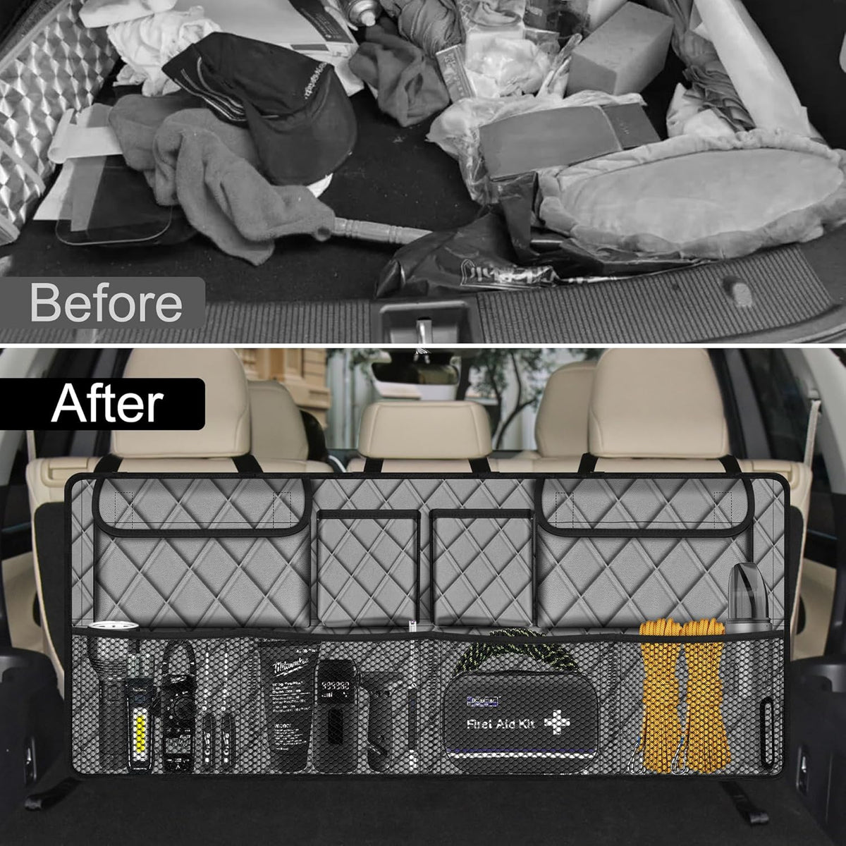 Femuar Car Trunk Organizer, Large Capacity Backseat Trunk Organizer (42"*18"), Collapsible Car Storage Bag with 8 Pockets, SUV/MPV/Truck - Black