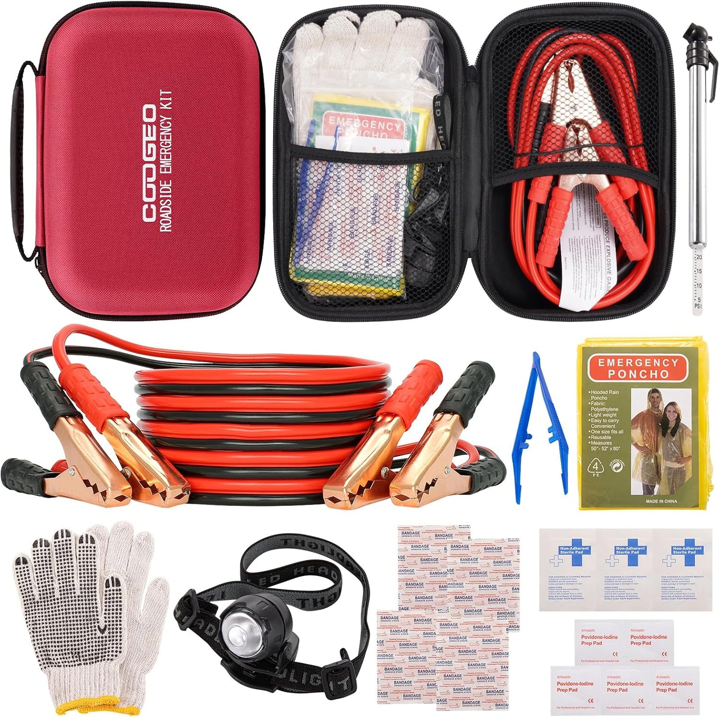 Car Roadside Emergency Kit with Battery Jumper Cables,Car Accessories for Men or Women,Automotive Safety Kit for Car,Vehicle, Truck or SUV,Gifts for Men or Him,Green