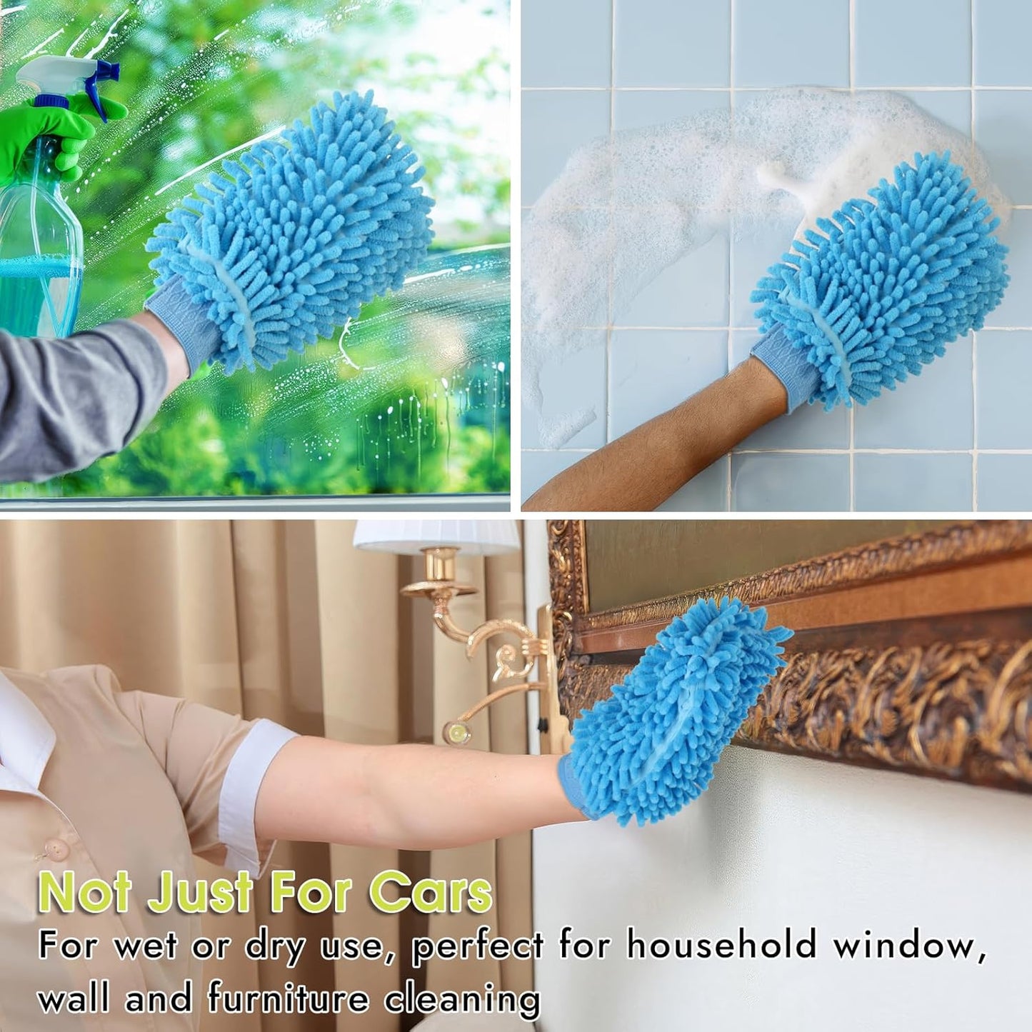 3 Pack Chenille Microfiber Car Wash Mitt, 7" x 9.6" Car Washing Mitts, Home Dusting Gloves, Scratch Free Lint-Free, Highly Absorbent, Double Sided, for Cleaning Detailing Polish (Green)