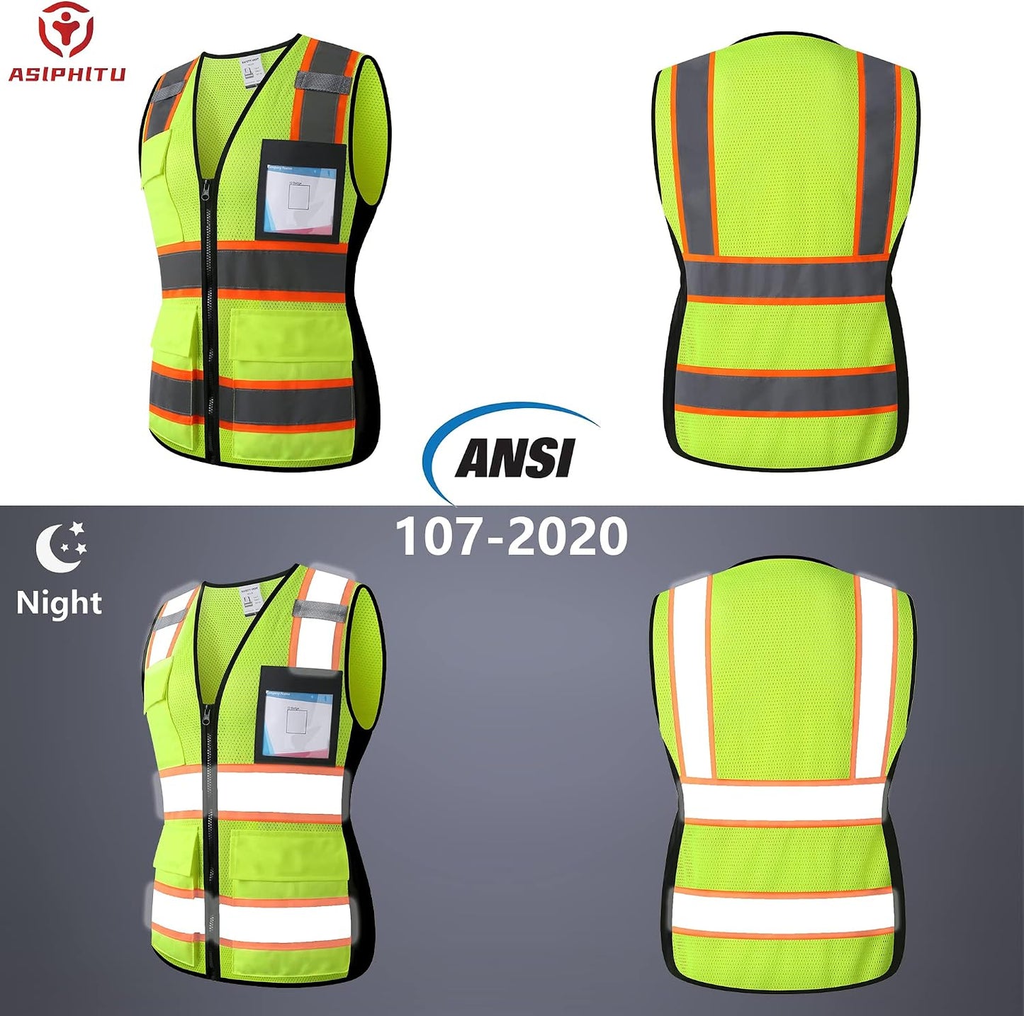 Reflective High Visibility Safety Vest for Men Women with Pockets Zipper Front Meets ANSI/ISEA Standards