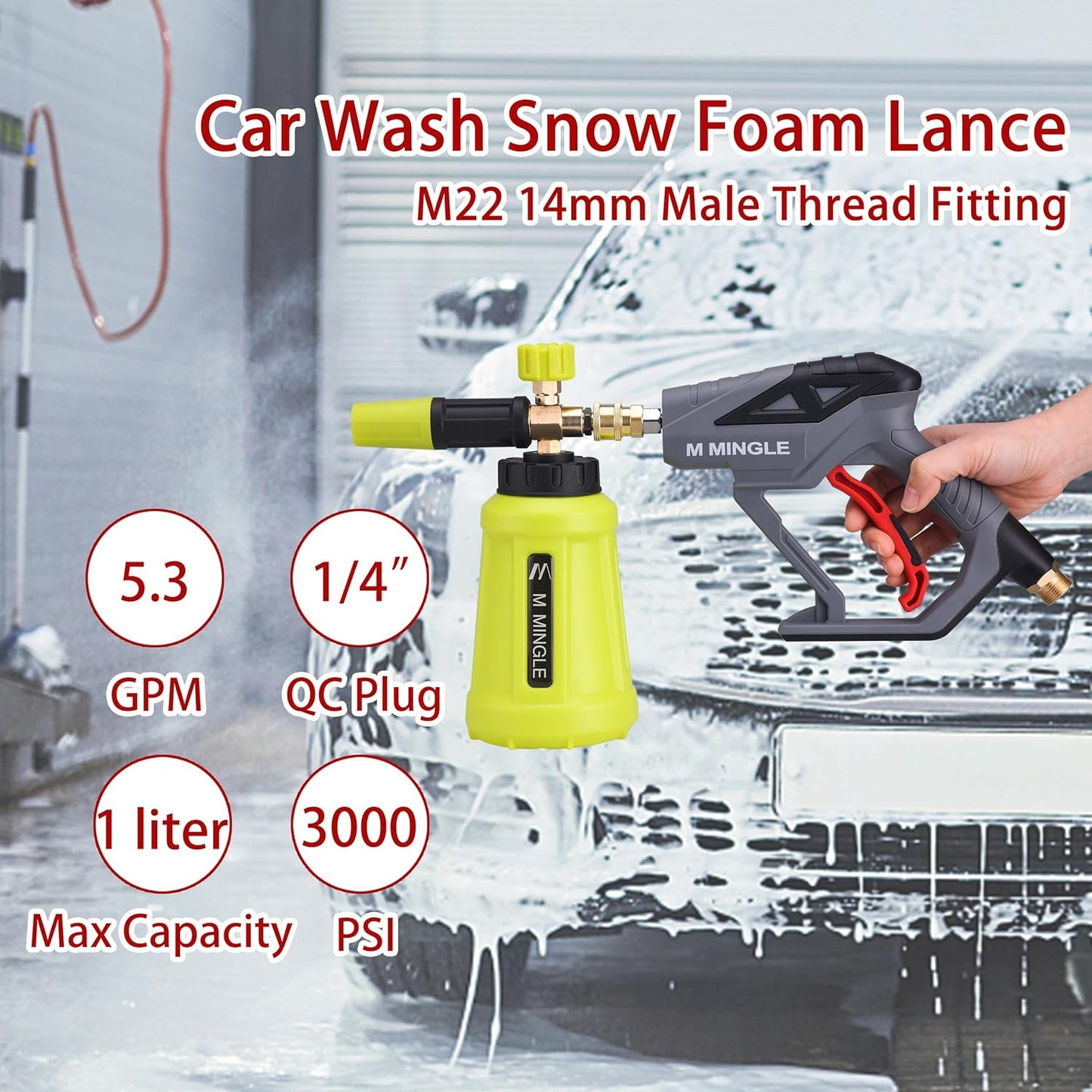 M MINGLE High Pressure Washer Gun with Foam Cannon, Foam Cannon Dual Connector Accessory, Car Wash Foam Gun Kit 1/4 Inch Quick Connector, 5 Pressure Washer Nozzle Tips