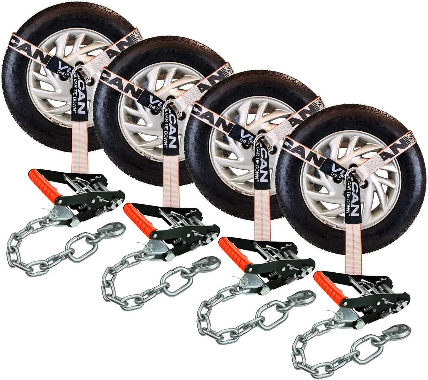 VULCAN Car Tie Down with Flat Hooks - Lasso Style - 2 Inch x 96 Inch - 4 Pack - Silver Series - 3,300 Pound Safe Working Load