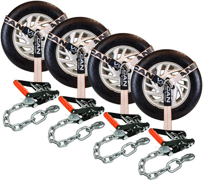 VULCAN Car Tie Down with Flat Hooks - Lasso Style - 2 Inch x 96 Inch - 4 Pack - Silver Series - 3,300 Pound Safe Working Load