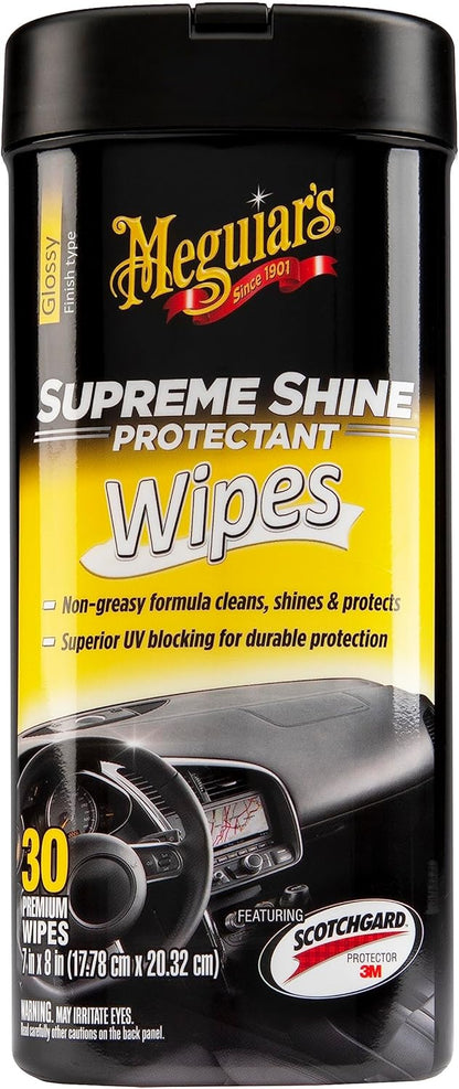Meguiar's Supreme Shine Protectant Wipes - Convenient Protectant Wipes with UV Blocking for Durable Protection, Premium Car Wipe that Clean and Leave a Non-Greasy Glossy Shine, 30 Count