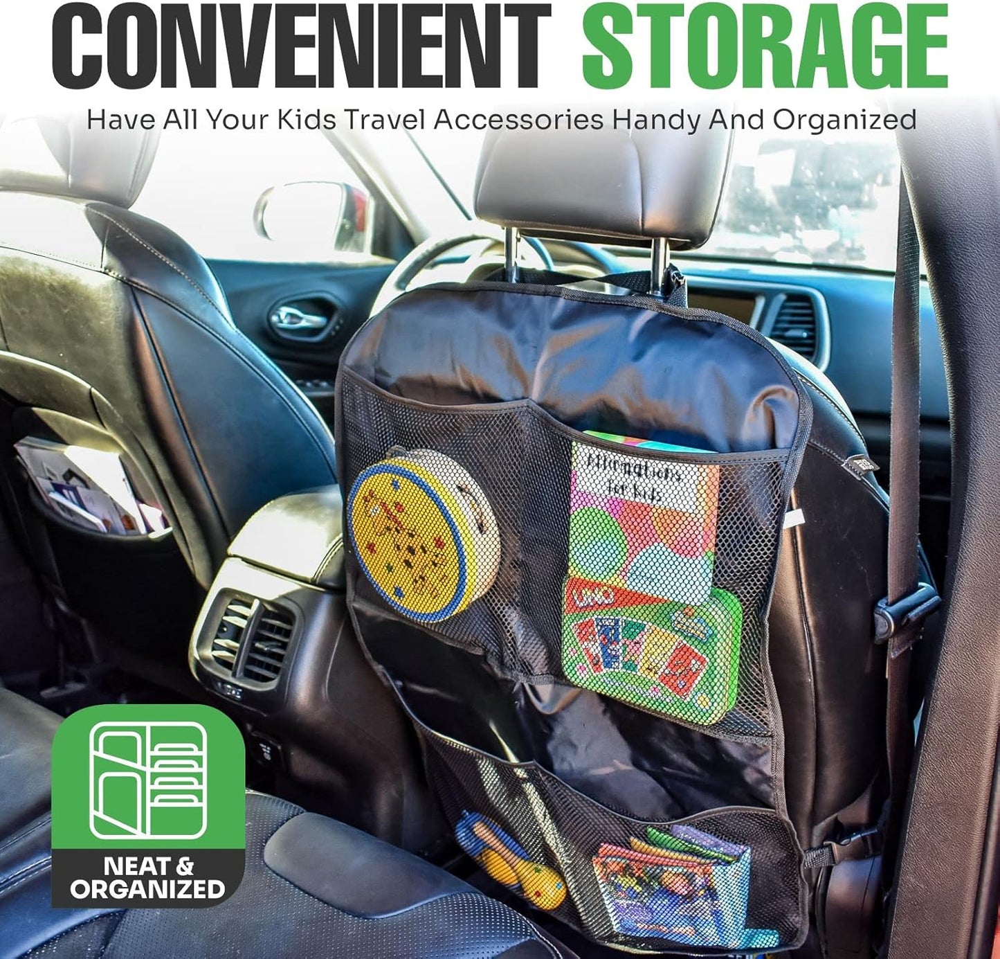 lebogner Back Seat Cover For Kids + 3 Pocket Storage Organizer, 2 Pack X-Large Waterproof Kick Mats Backseat Protector, Car Seat Back Protectors For Vehicles To Protect From Dirt, Mud & Scratches