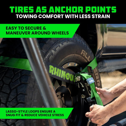 Rhino USA Car Tie Down Straps with J Hooks – 4 Pack 2" x8' – 10,000lbs Break Strength – Heavy Duty T-Handle Car Hauler Tire Lasso Wheel Straps for Trailers, UTV & Powersports – Black