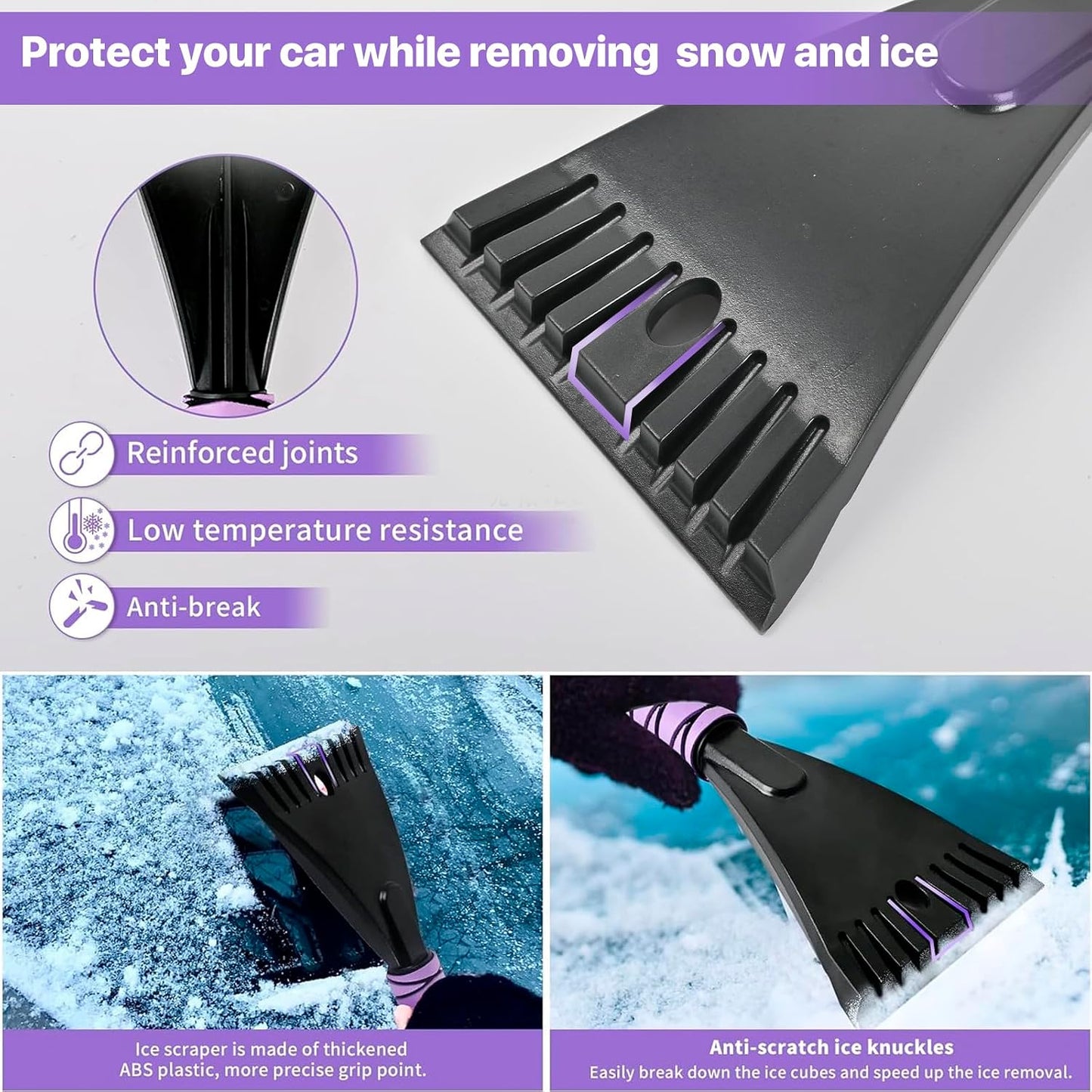 OUSHASAA 27" Snow Brush and Ice Scrapers for Car Windshield 2 Pack |Scratch-Free Bristle Head PVC Snow Brush & Foam Grip Window Snow Scraper Snow Removal Tool with Aluminum Body for Truck, SUV,Purple