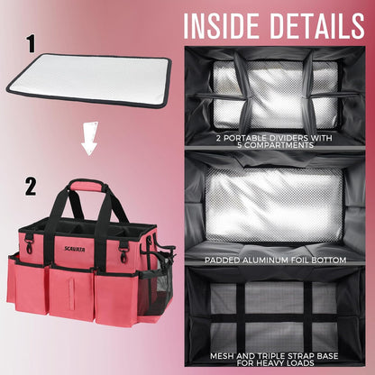 SCAVATA Wearable Cleaning Caddy Bag, Supplies Organizer with Handle & Shoulder Straps for Housekeepers, Under Sink & Car Cleaning Tool Organizer with 4 Foldable Dividers (Black)