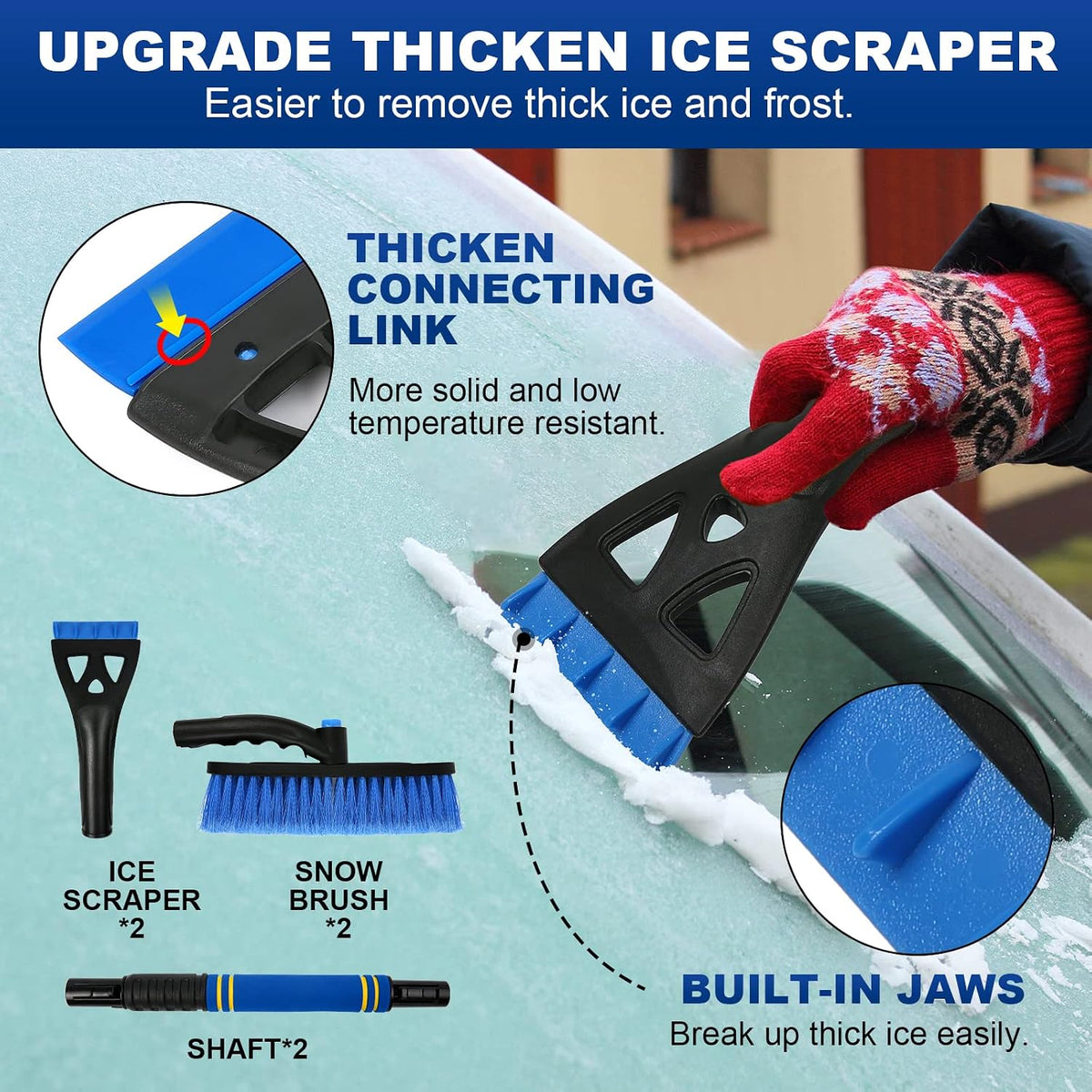 34" Extendable Ice Scrapers for Car Windshield 2-in-1 Snow Brush for Car Snow Scraper for Car Snow Scraper and Drush with Ergonomic Foam Grip for Cars, Trucks, SUVs with 360° Pivoting Brush Head Blue