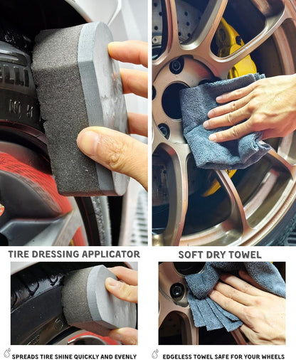 oesee 8PCS Wheel Cleaning Kit with Microfiber Brush & Rubber Grip Tire Brush, Twist Loop Drying Towel, Detailing Brush, Applicator for Car Rim and Tire Care