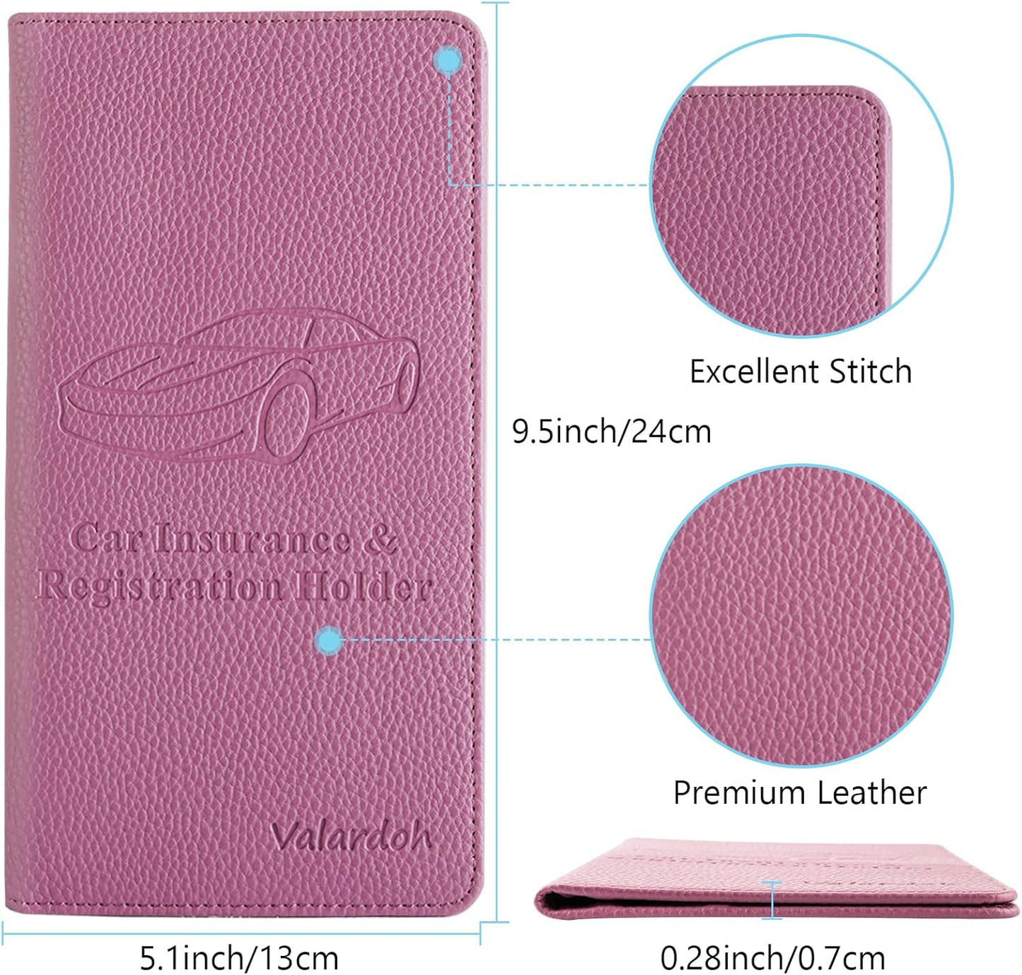 Valardoh Premium Car Registration and Insurance Card Holder, Car Document Holder for Cards, Driver License & other Essential Documents (Pink)