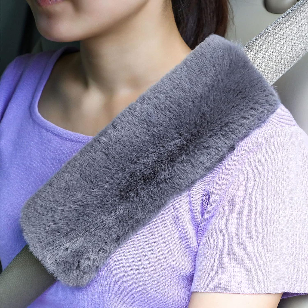 Boao 4 Pack Faux Sheepskin Car Seat Belt Pads Seatbelt Protector Soft Seat Belt Shoulder Strap Cover Comfort Harness Pad(Black, 9.9 Inch)