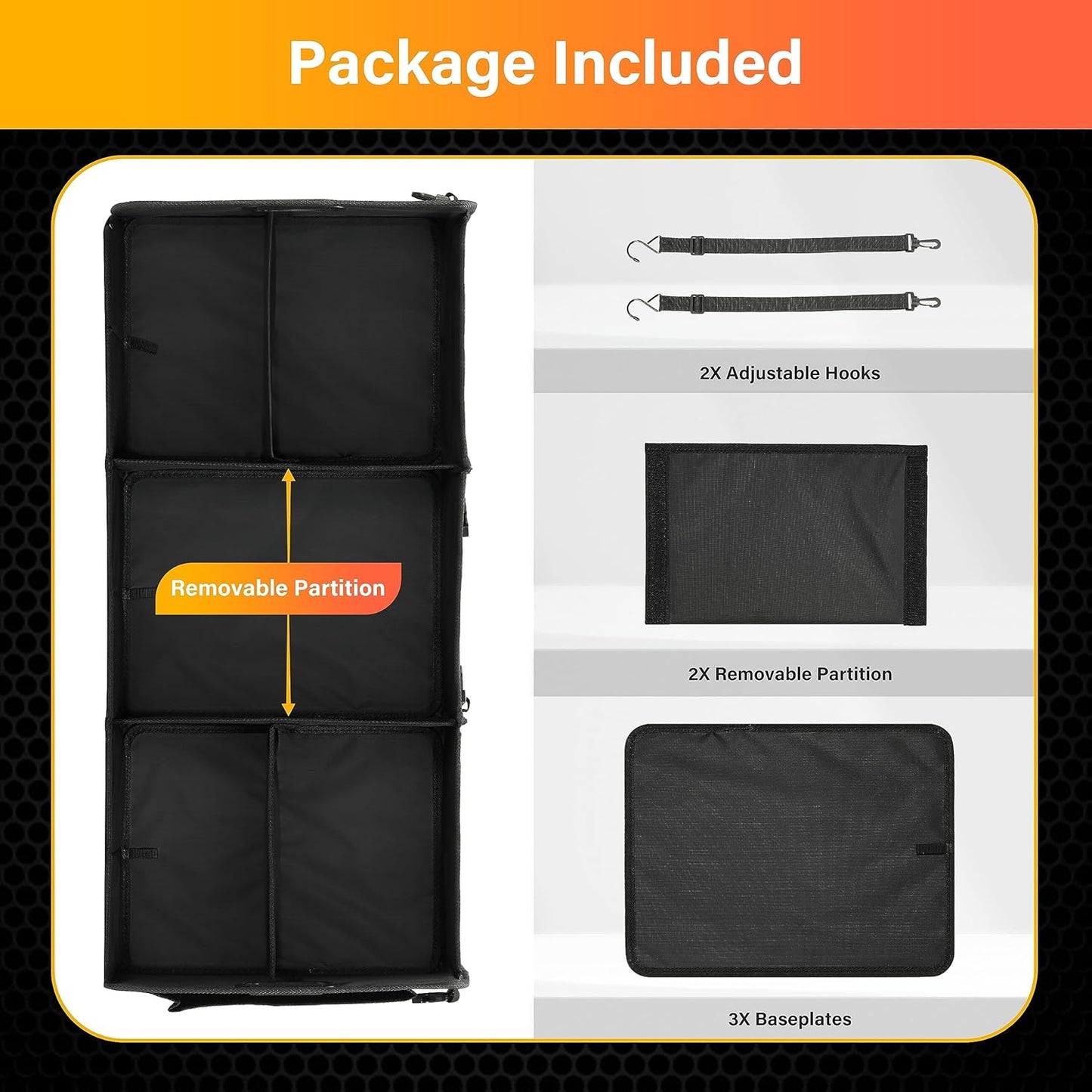 YSSOA Car Trunk Organizer, 2 Compartments Anti-slip 14" D x 22" W x 12" H Collapsible Trunk Storage, 600D Oxford Polyester Car Storage, Suitable for SUV, Minivan, Truck, Black