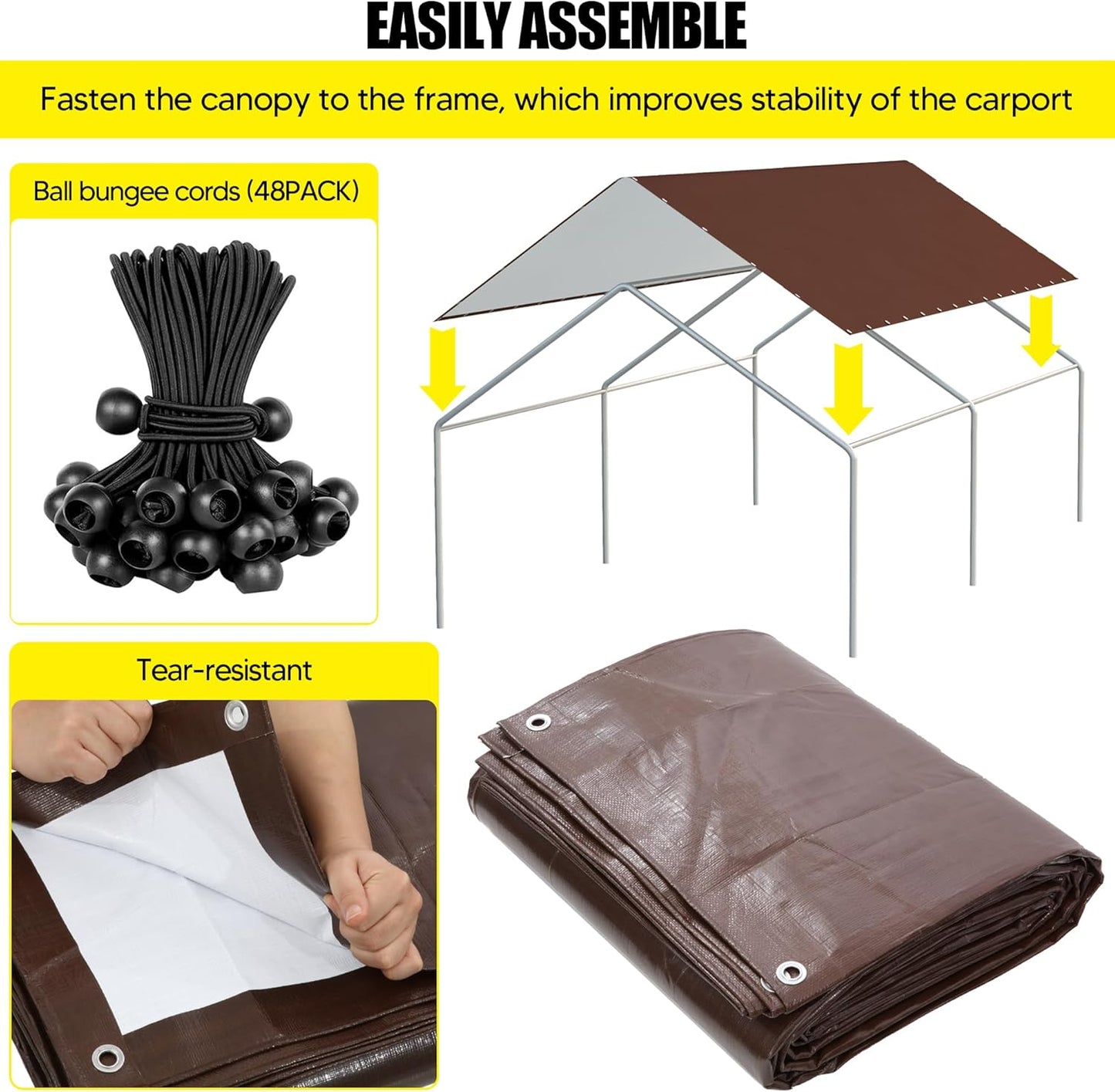 10 x 20 Ft Carport Replacement Canopy Cover Garage Top Tent Shelter Tarp with Free 48 Ball Bungee Cords,White(Only Cover, Frame Not Include)