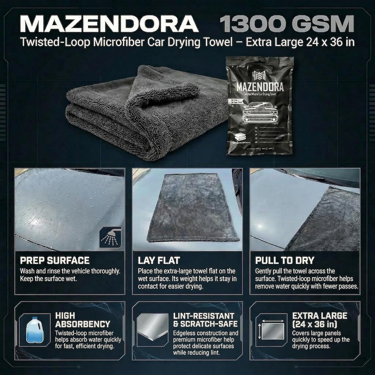 Twisted Microfiber Towel, Premium Microfiber Towels for Cars, Car Drying Towel, Ultra Absorbent Quick Dry Towel, Drying Cloths Auto Detailing for Streak Free Auto Finish