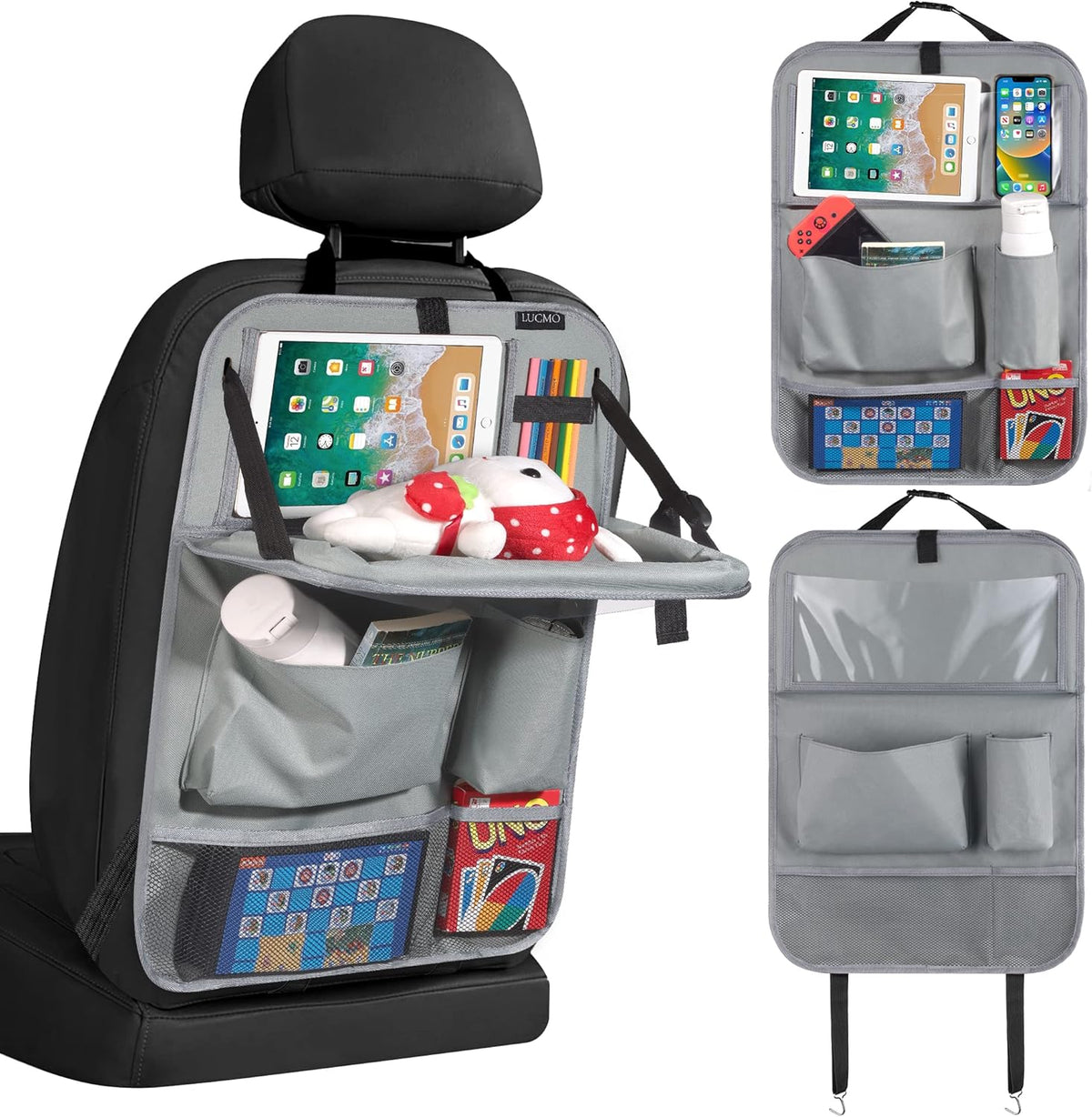 LUCMO Car Backseat Organizer with Tablet Holder,6 Storage Pockets Car Storage Organizer with Foldable Food Tray,Protectors Kick Mats Travel Accessories-Black