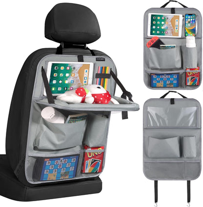 LUCMO Car Backseat Organizer with Tablet Holder,6 Storage Pockets Car Storage Organizer with Foldable Food Tray,Protectors Kick Mats Travel Accessories-Black
