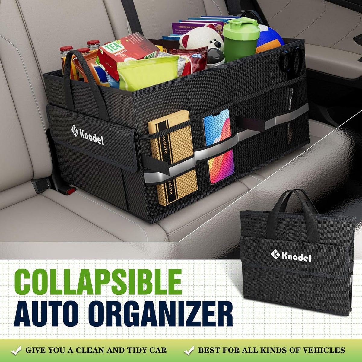 K KNODEL Car Trunk Organizer with Lid, Collapsible Car Trunk Storage Organizer, Car Organizer and Storage for SUV, Truck, Sedan (Medium, Black)
