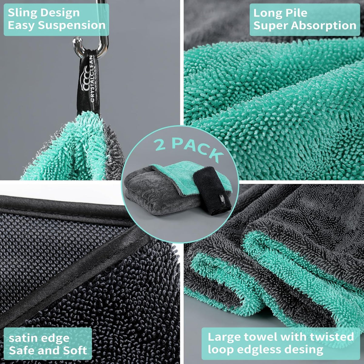 Crystal Clean 1300GSM Car Drying Towel - XL (24x36) Microfiber Towels for Cars with Double Twisted Loop, Professional Detailing Towel for Car Detailers - Quick Dry, Paint Safe & Swirl-Free