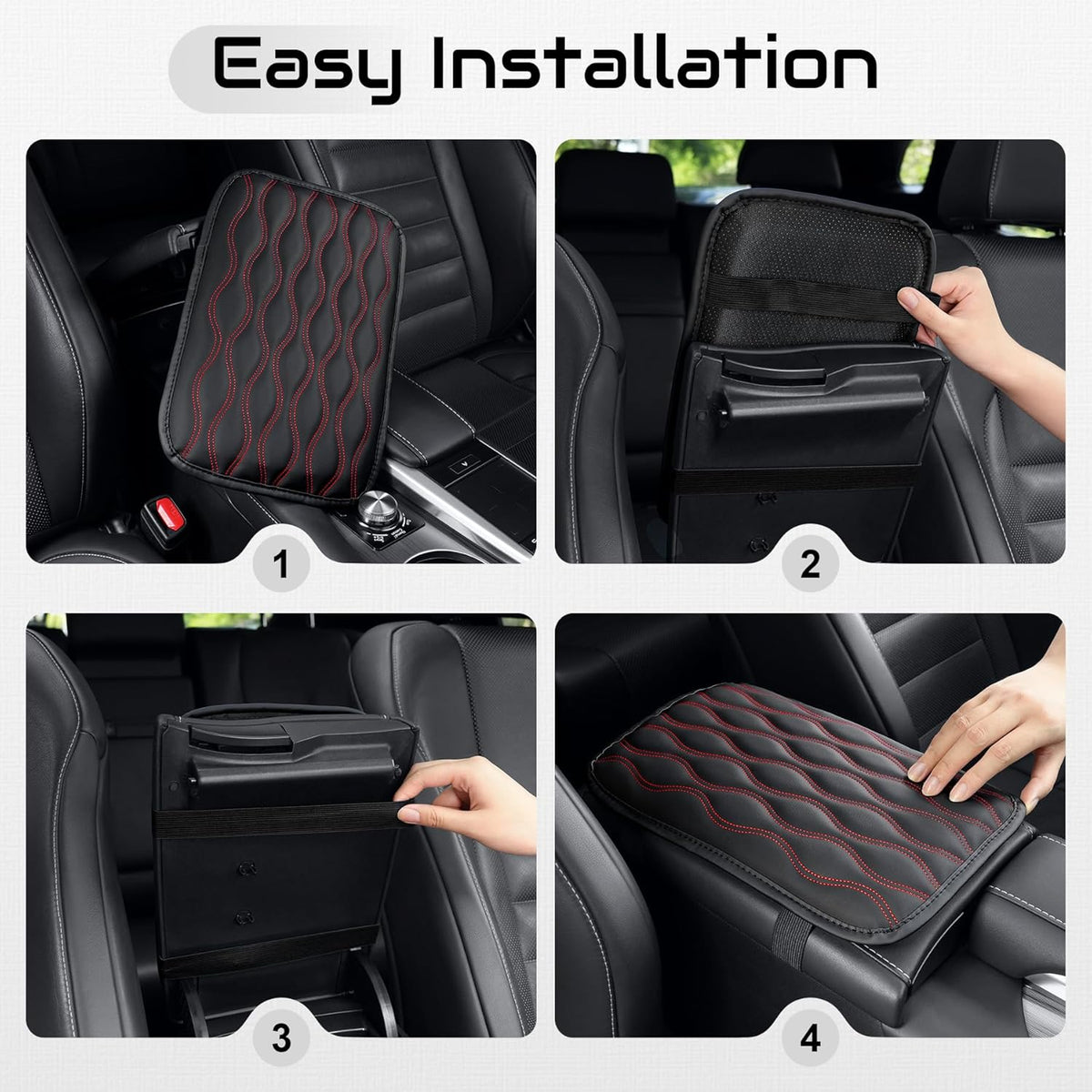 Amiss Car Center Console Cover, Upgraded Leather Car Armrest Cushion with 2 Storage Pockets, Universal Waterproof Cushion Pad, Non-Slip Car Interior Accessories, Fits Most Sedans SUVs Trucks (Black)