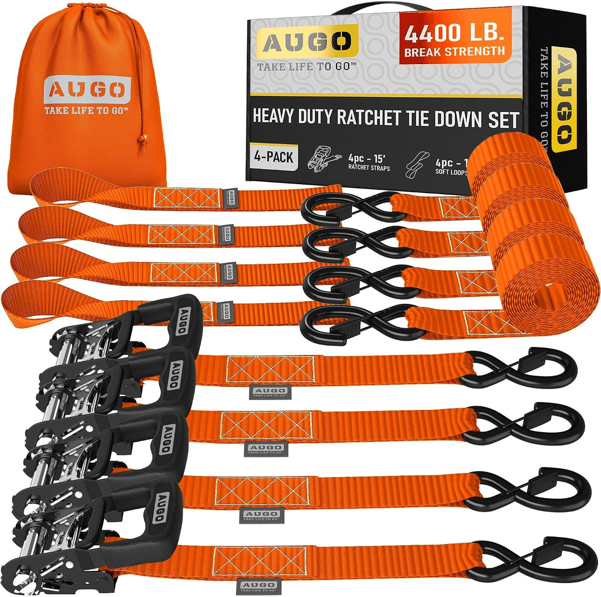 AUGO Ratchet Straps Heavy Duty 4 Pack -15 FT - 2200 LB Break Strength – with Safety Lock S Hooks - Cargo Straps for Moving, Appliances, Motorcycle – Soft Loop Tie Down Straps