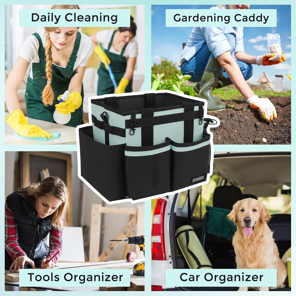 SCAVATA Compact Wearable Cleaning Caddy, Small Supplies Organizer with Handle & Shoulder Straps for Housekeepers, Under Sink & Car Cleaning Tool Organizer Bag (Black)