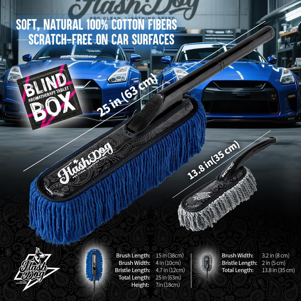 Flash Dog Car Duster Exterior & Interior Duster Aluminum Alloy Extendable Handle and Wax Cotton Strands Scratch-Free Cleaning for Cars, SUVs, RVs | Waterless Dust & Pollen Remover