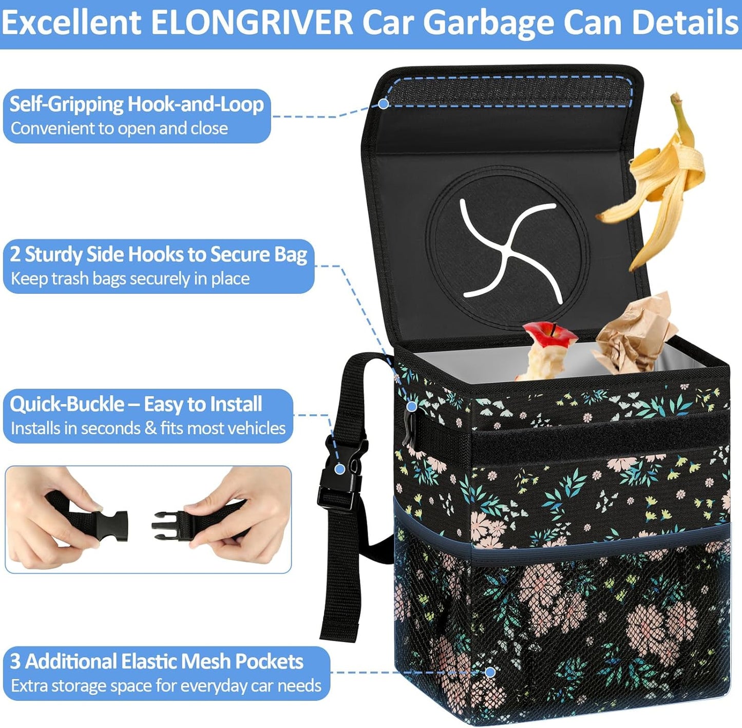 ELONGRIVER Car Trash Can Bin for Back Seat Leak Proof, Cute Car Trash Bag Hanging, Vehicle Trash Can for SUV Truck Van, Automotive Garbage Cans Front Seat Black