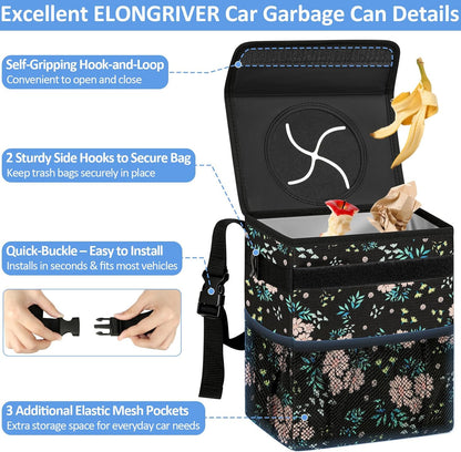 ELONGRIVER Car Trash Can Bin for Back Seat Leak Proof, Cute Car Trash Bag Hanging, Vehicle Trash Can for SUV Truck Van, Automotive Garbage Cans Front Seat Black