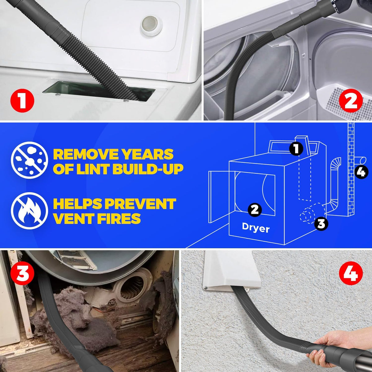 Holikme 2 Pieces Dryer Vent Cleaner Kit, Dryer Lint Vacuum Attachment and Flexible Dryer Lint Brush, Dryer Vent Vacuum Hose Attachment,Blue
