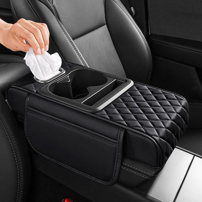 5 in 1 Car Center Console Cover, Armrest Pad with 2 Storage Pockets, Cup Holder, Tissue Slot, Phone Holder, Nappa Leather Memory Foam Car Accessories for SUV Sedan Truck (Black)