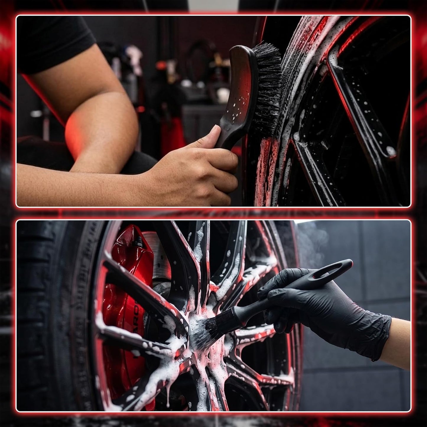 SIMPOR 5 Pcs Wheel & Tire Brush Kit with Cleaning Towel, 2 Long Handle Soft Microfiber Wheel Cleaning Brushes, Stiff Tire Brush, Car Detailing Brush, Non-Scratch Bendable Rim Cleaner Brush Set