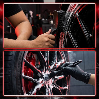 SIMPOR 5 Pcs Wheel & Tire Brush Kit with Cleaning Towel, 2 Long Handle Soft Microfiber Wheel Cleaning Brushes, Stiff Tire Brush, Car Detailing Brush, Non-Scratch Bendable Rim Cleaner Brush Set