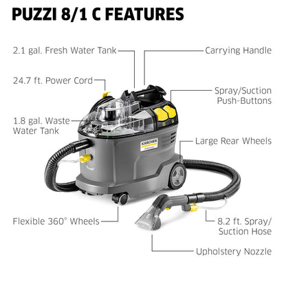 Kärcher Puzzi 10/1 Commercial Carpet Extractor 12.5 PSI - Spot Cleaner, Stain Remover, Area Rugs, Car and Auto Detailing, Carpet and Upholstery Cleaner - Onboard Accessory Storage - 4.9 Gallon