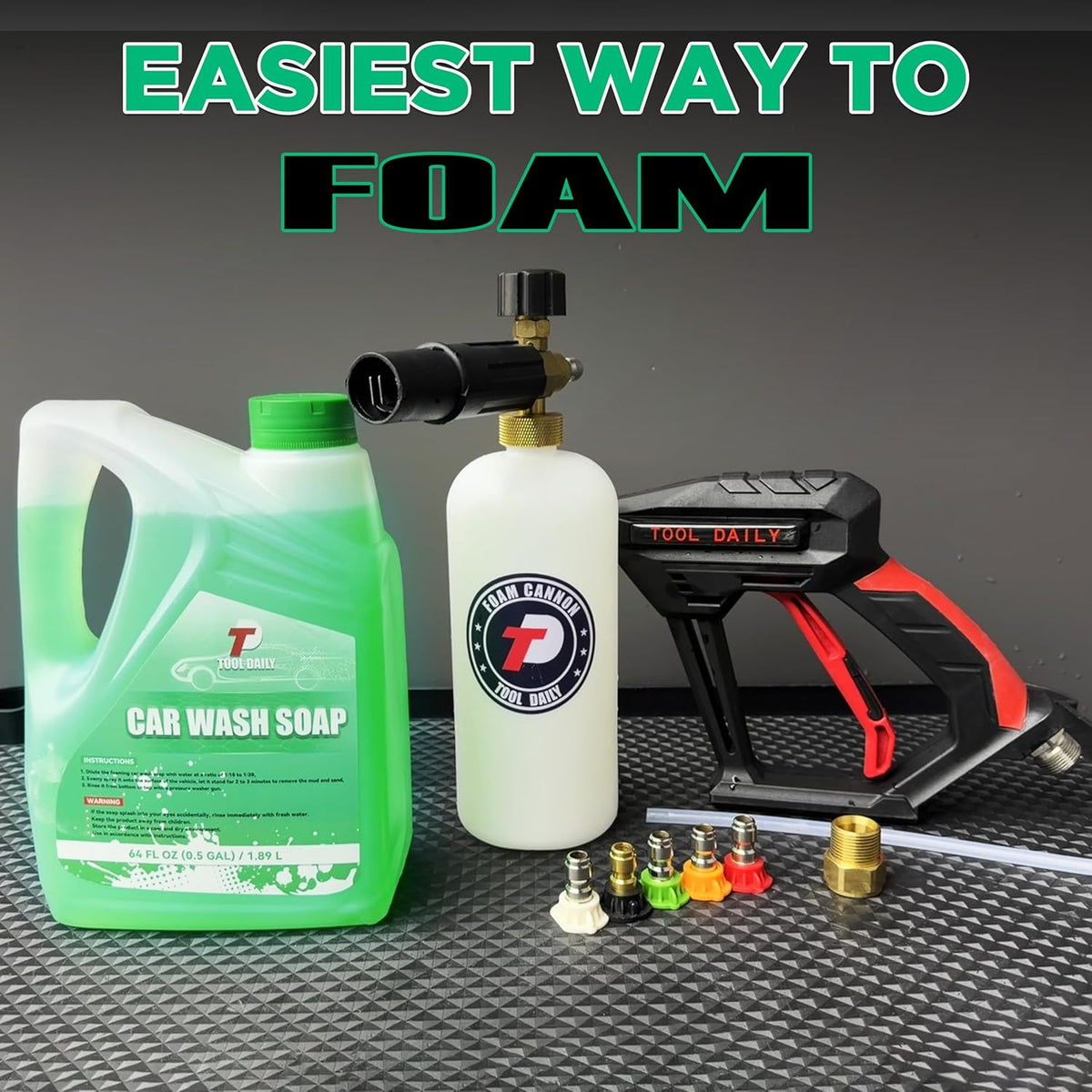 Tool Daily Short Pressure Washer Gun with Foam Cannon, 1/4 Inch Quick Connector, with 5 Pressure Washer Nozzle Tips, 1 Liter