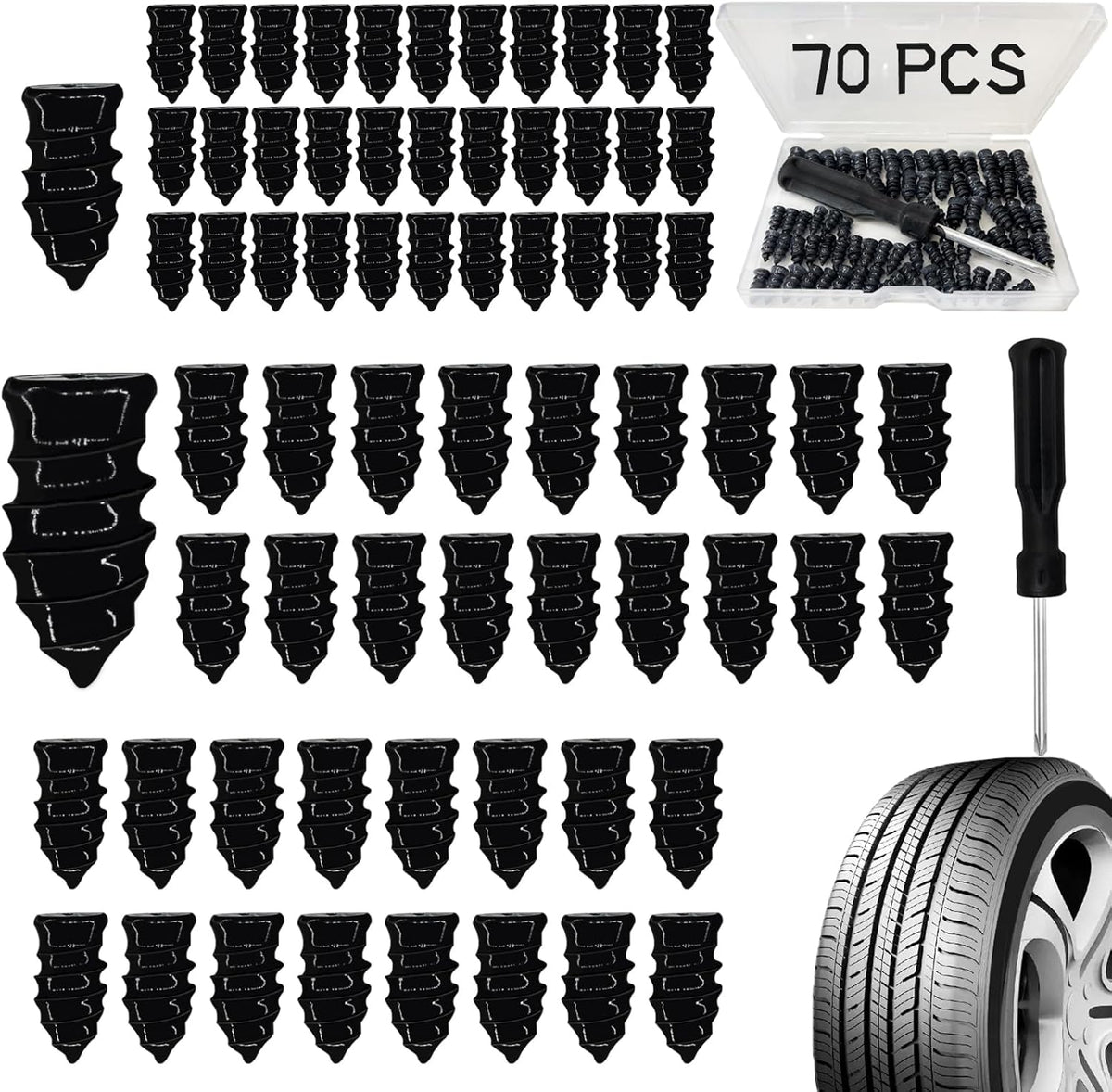 Tire Repair Nails 70PCS, Rubber Screw in Tyre Repair Screws Plugs Flat Tire Fix Rubber Nail Kits Heavy Duty Vacuum Tyre Tool with Screwdriver Box for Car Motorcycle Truck Jeep Puncture (35S+35L)