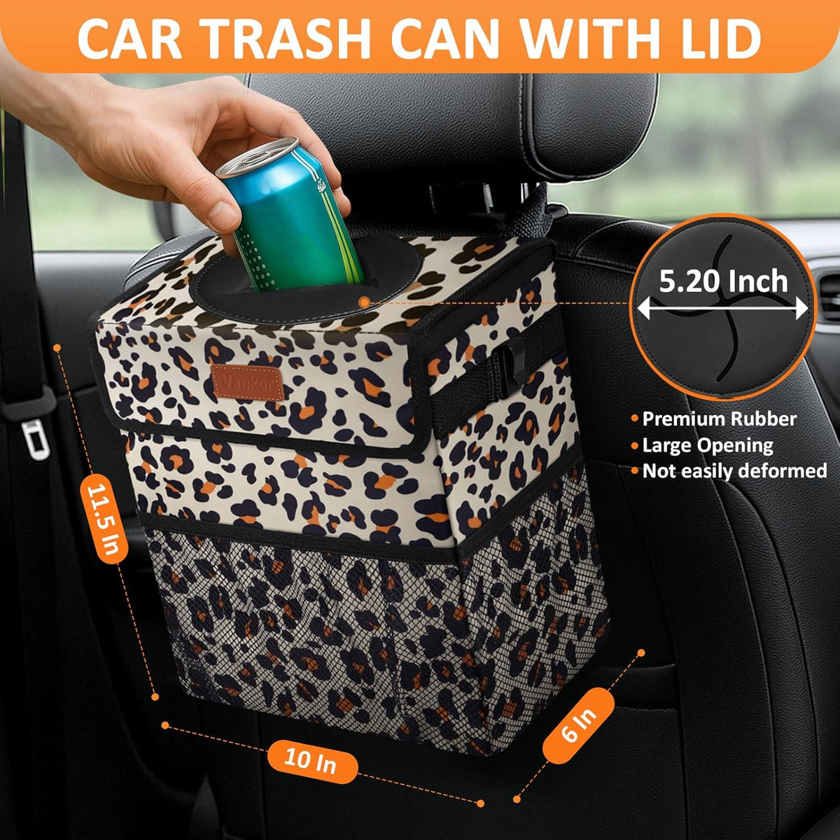 Vankor Car Trash Can Bin with Lid Hanging for Back Seat, Car Accessories for Women Men Leak Proof Automotive Garbage Cans Leakproof Vehicle Trash Can for Truck SUV Black
