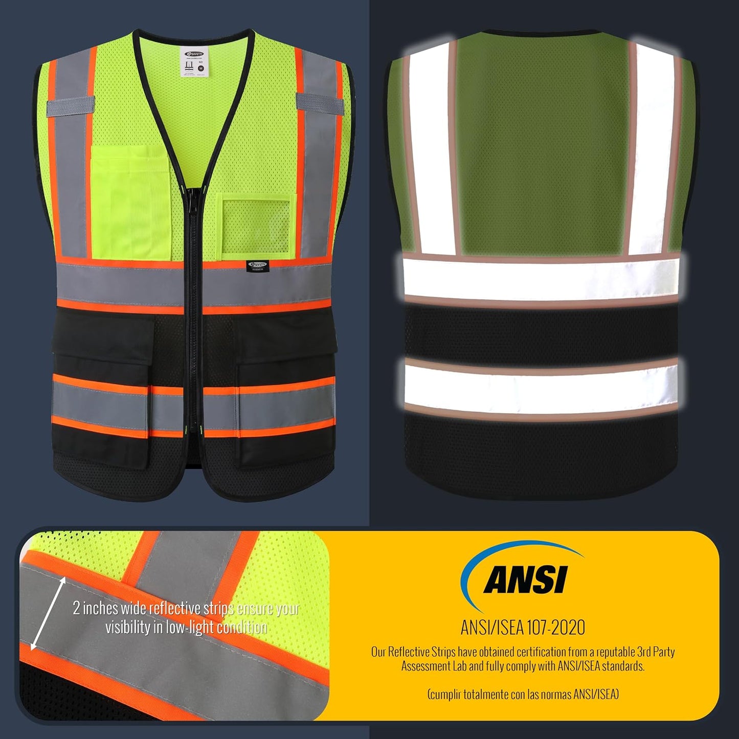 JKSafety Safety Vest for men women Hi Vis Reflective Vest with Pockets and Zipper High Visibility Meet ANSI Standard（BX320