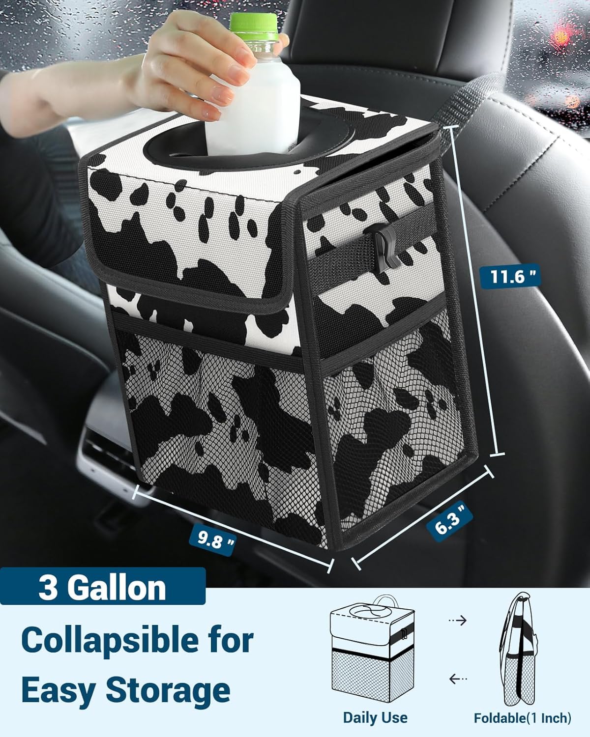 Capolo Car Trash Can with Lid, Leakproof Car Trash Bag Hanging Waterproof Automotive Garbage Can with Storage Pockets Mini Vehicle Trash Bin for Back/Front Seat(Black,2.5 Gallon)