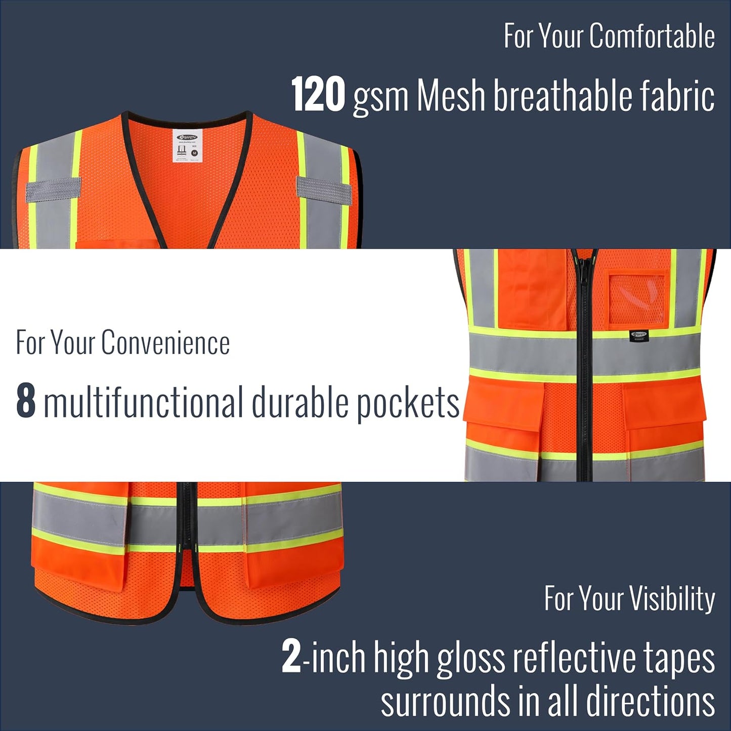 JKSafety Safety Vest for men women Hi Vis Reflective Vest with Pockets and Zipper High Visibility Meet ANSI Standard（BX320