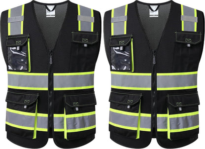 JKSafety Hi Vis Reflective Safety Vests for Men Women High Visibility Vest with Pockets Mesh Fabric Construction Safety Apparel Neon Vest for Work (220-Black L)