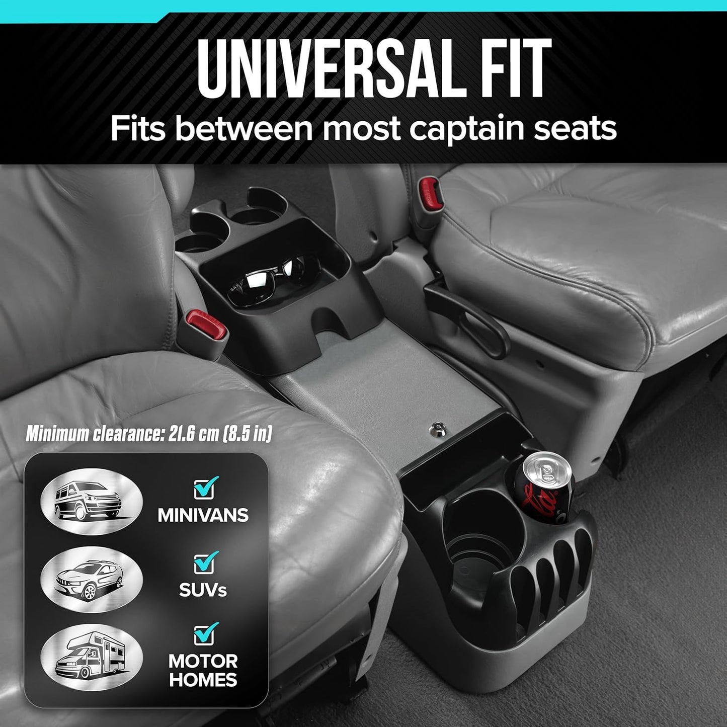 Moblorg Center Console for Minivans, SUVs, Middle Van Console, Extra Cup Holders, Large Storage, 27"L x 11.5"W x 8.5"H,Made in USA (Black)